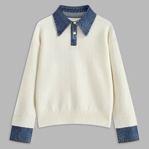 Commense Cream Sweater with Denim Details